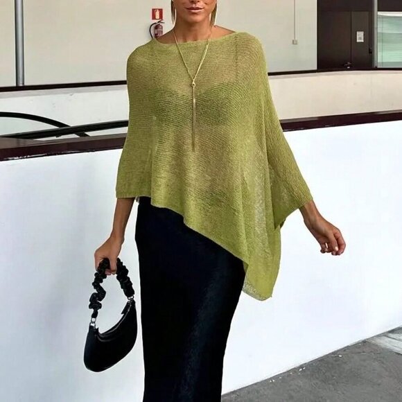 Green Elegant Women's Loose Knitted poncho Shawl sweater top - Picture 2 of 7